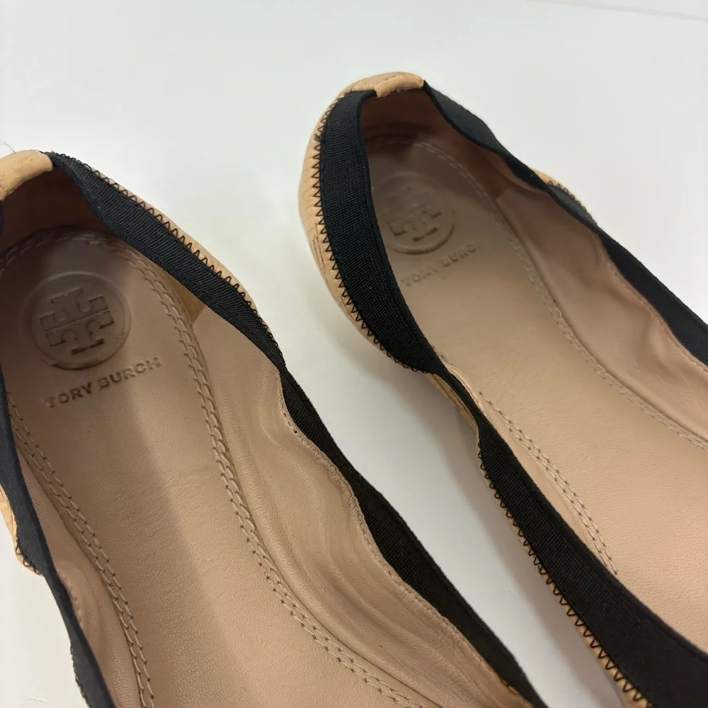 Tory Burch Black and Natural Cork Cap-Toe Ballet Flats